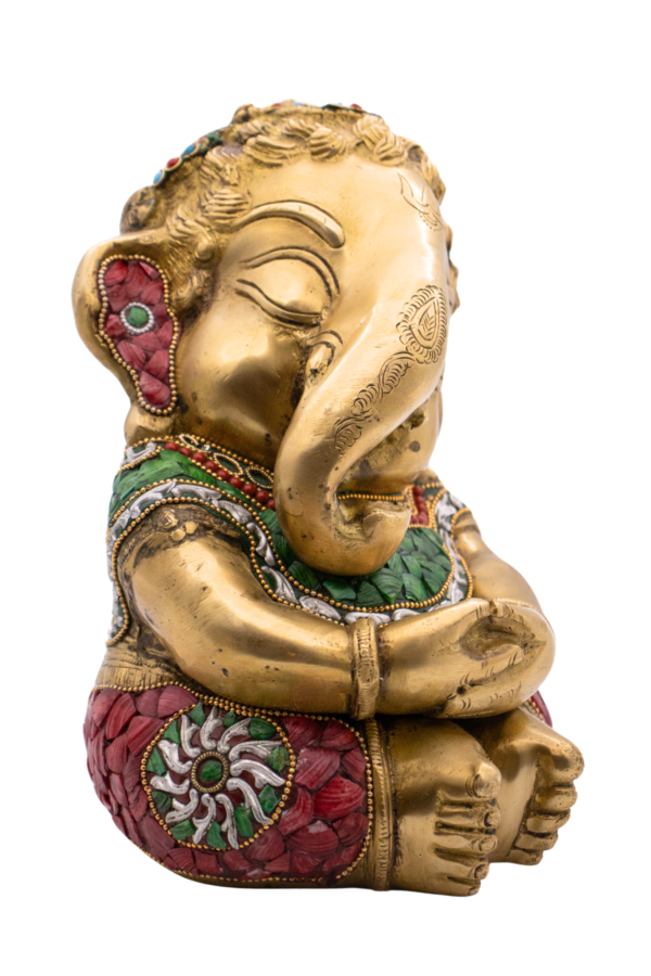 Estátua de Ganesha Baby em Bronze Índia com Pedras Coloridas 21,5 cm - Imagem 3