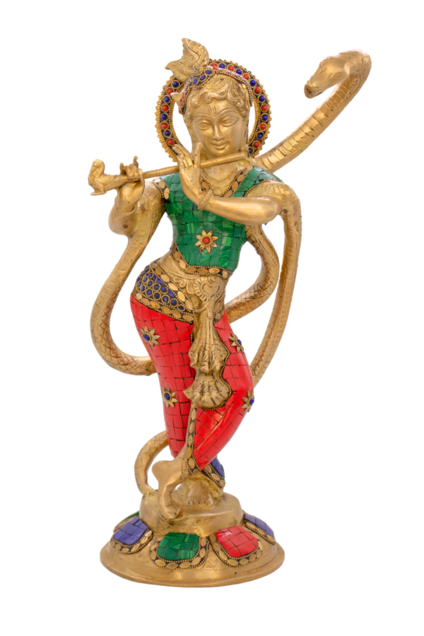 Estátua de Krishna com Ananta em Bronze Índia com Pedras Coloridas 38 cm - Imagem 2