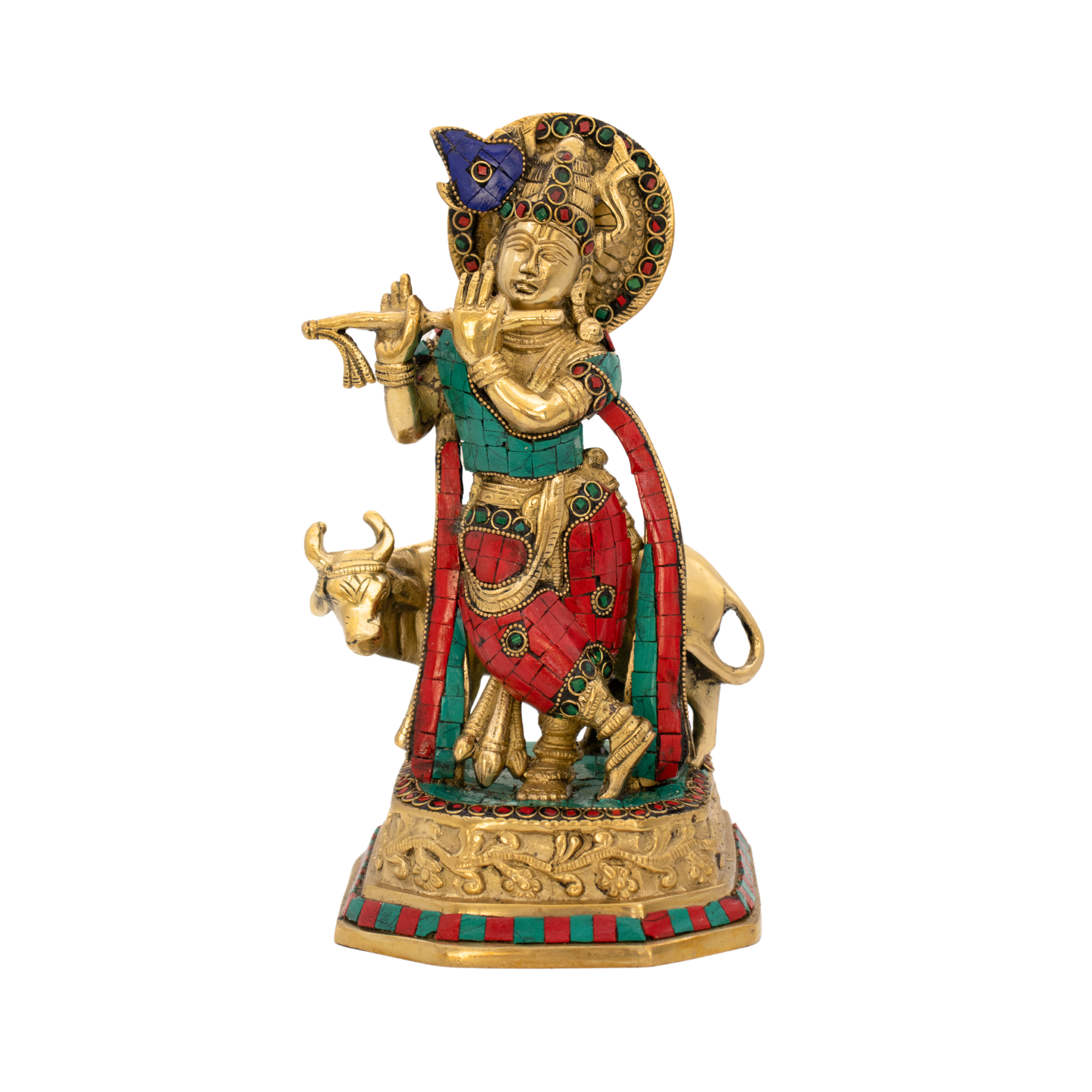 Estátua de Krishna Govinda em Bronze Índia com Pedras Coloridas 25 cm