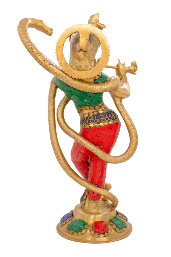 Estátua de Krishna com Ananta em Bronze Índia com Pedras Coloridas 38 cm - Imagem 3