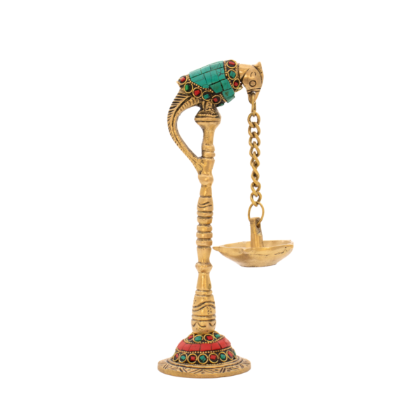 Lâmpada Diya em Bronze com Papagaio Índia com Pedras Coloridas 19,5 cm - Imagem 3