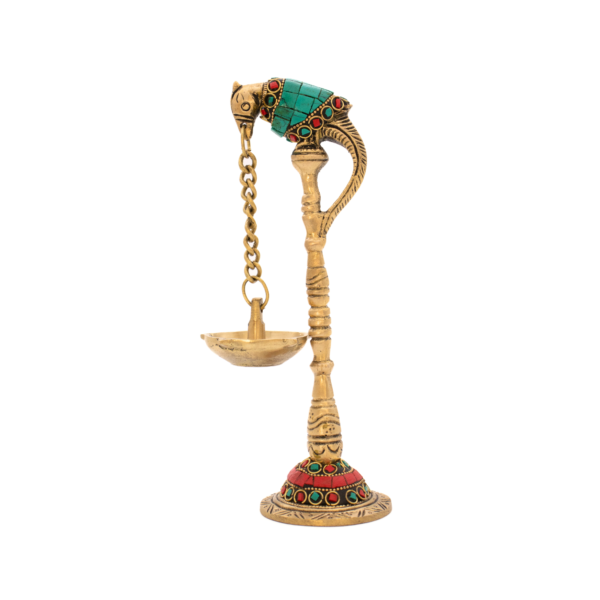 Lâmpada Diya em Bronze com Papagaio Índia com Pedras Coloridas 19,5 cm - Imagem 2