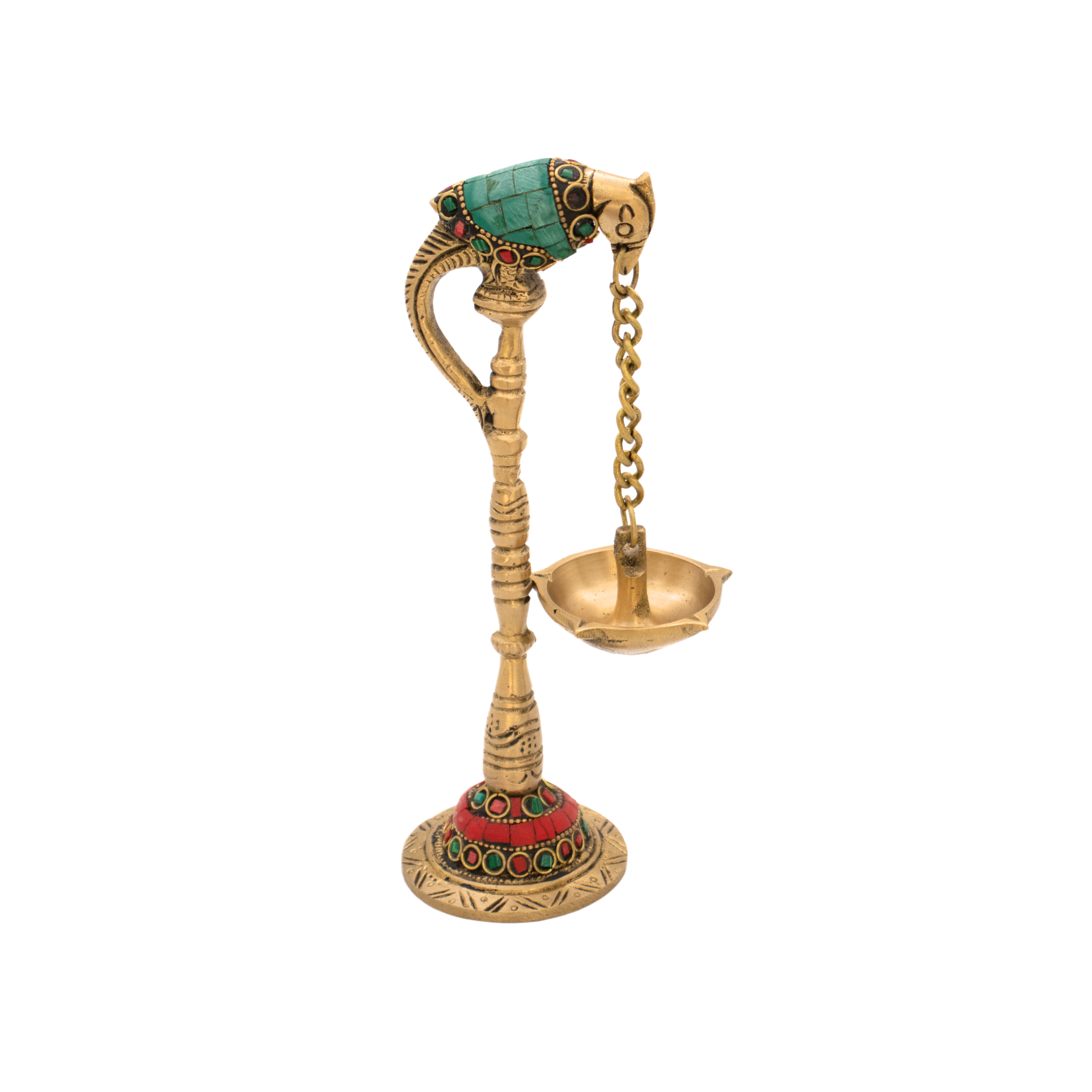 Lâmpada Diya em Bronze com Papagaio Índia com Pedras Coloridas 19,5 cm