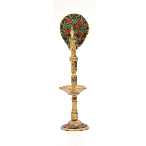 Lâmpada Diya em Bronze com Pavão Índia com Pedras Coloridas  23 cm - Imagem 4