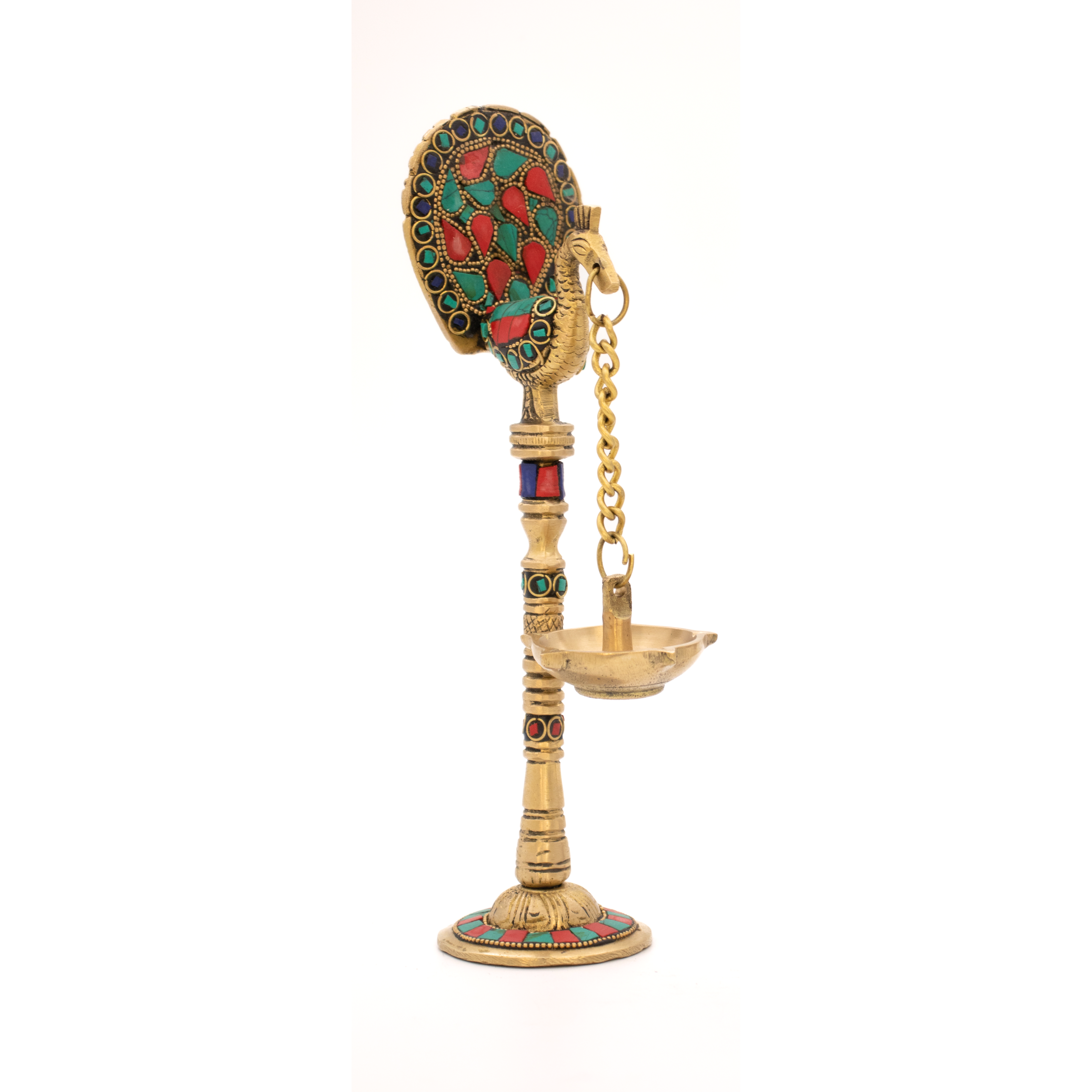 Lâmpada Diya em Bronze com Pavão Índia com Pedras Coloridas  23 cm