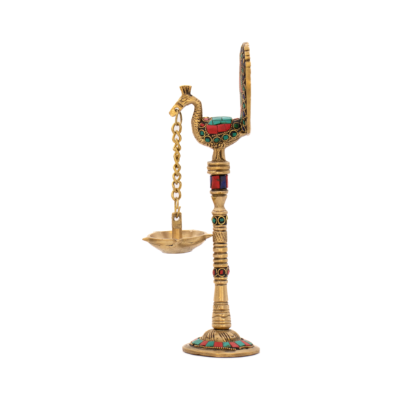 Lâmpada Diya em Bronze com Pavão Índia com Pedras Coloridas  23 cm - Imagem 2