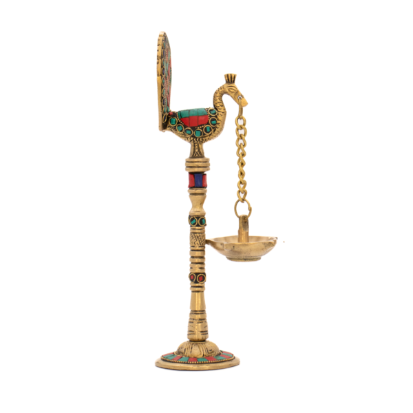 Lâmpada Diya em Bronze com Pavão Índia com Pedras Coloridas  23 cm - Imagem 3