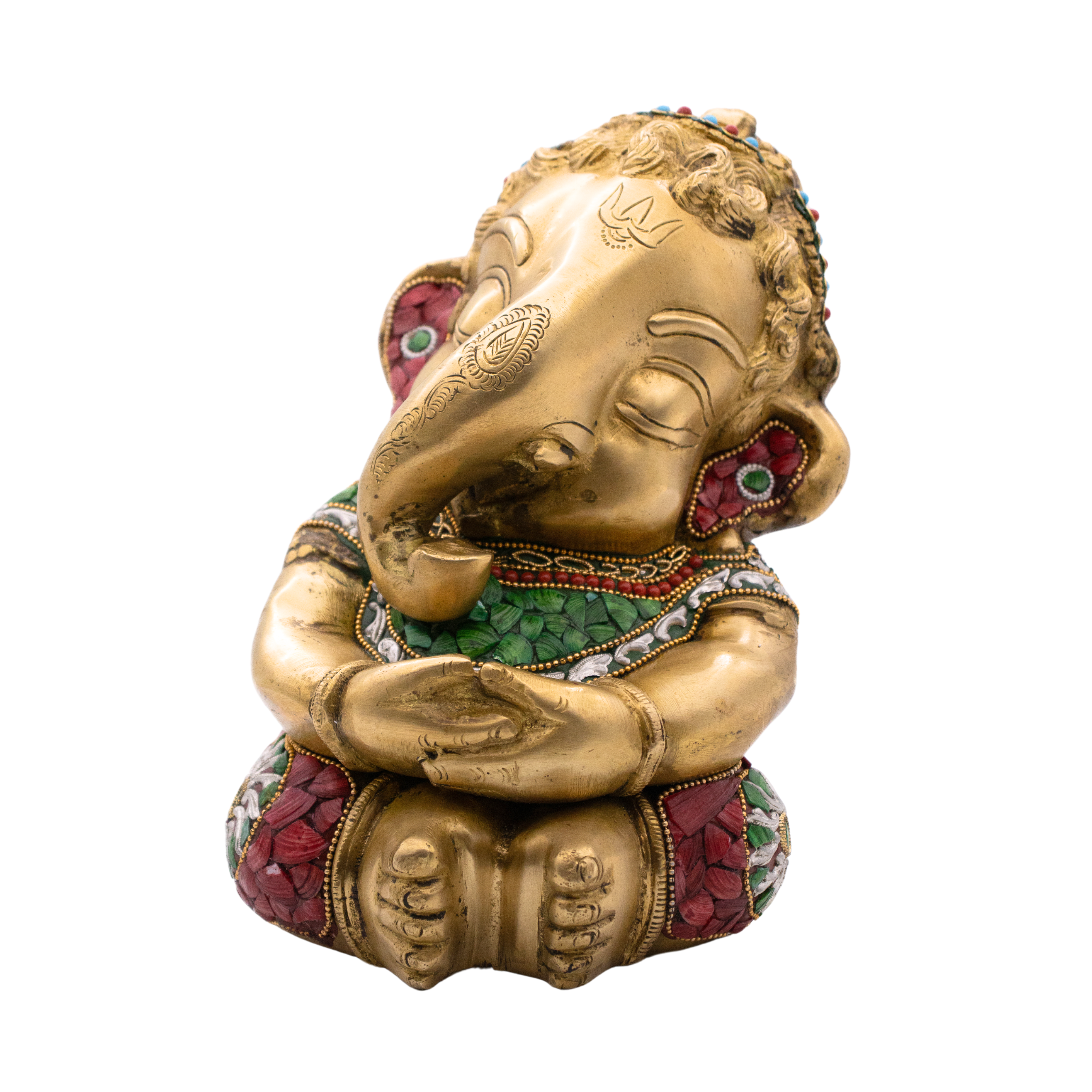 Estátua de Ganesha Baby em Bronze Índia com Pedras Coloridas 21,5 cm