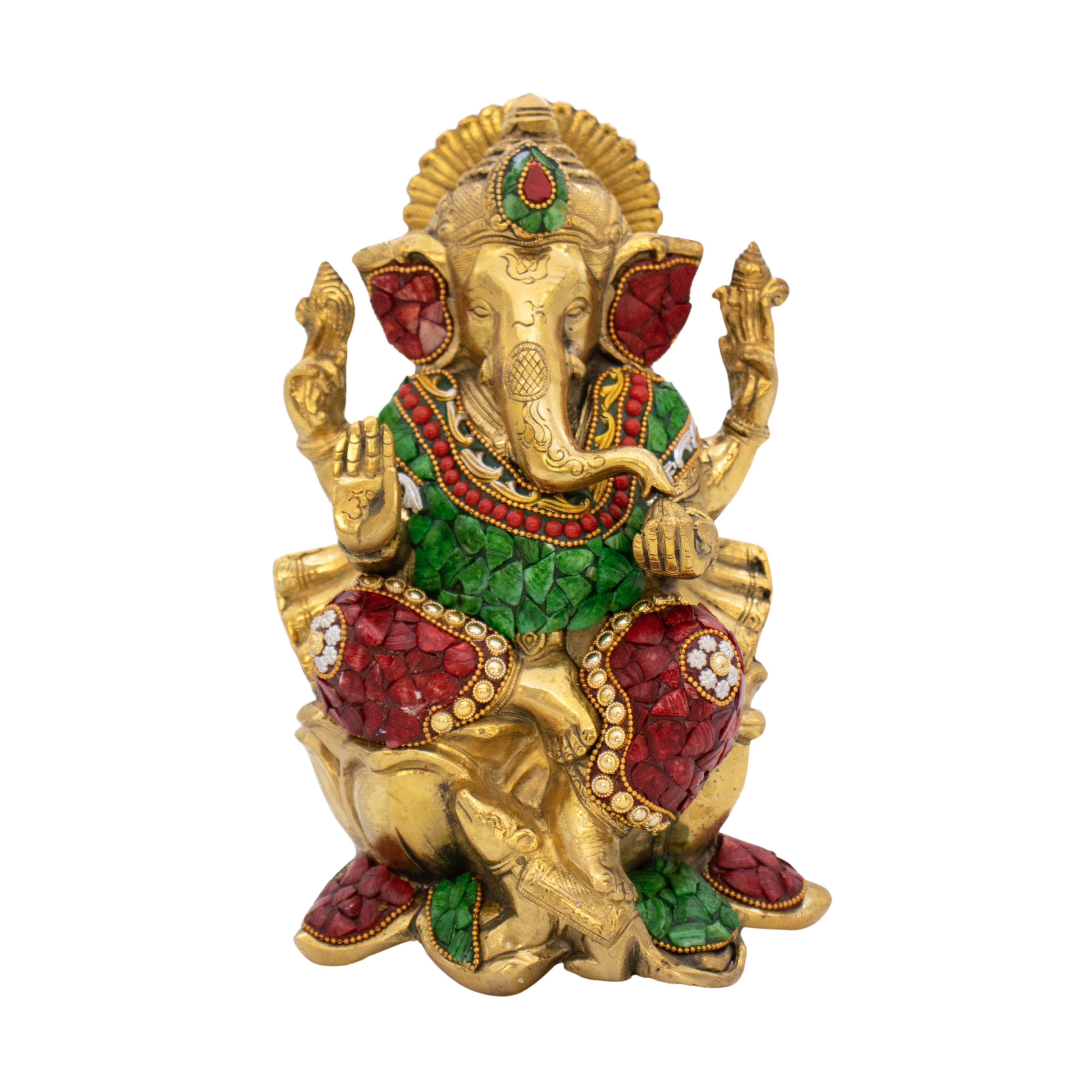 Estátua de Ganesha em Bronze Índia com Pedras Coloridas 24,5 cm