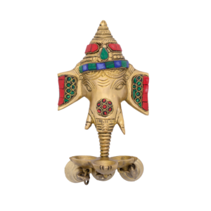 Estátua de Ganesha em Bronze Máscara Índia com Pedras Coloridas 21,5 cm