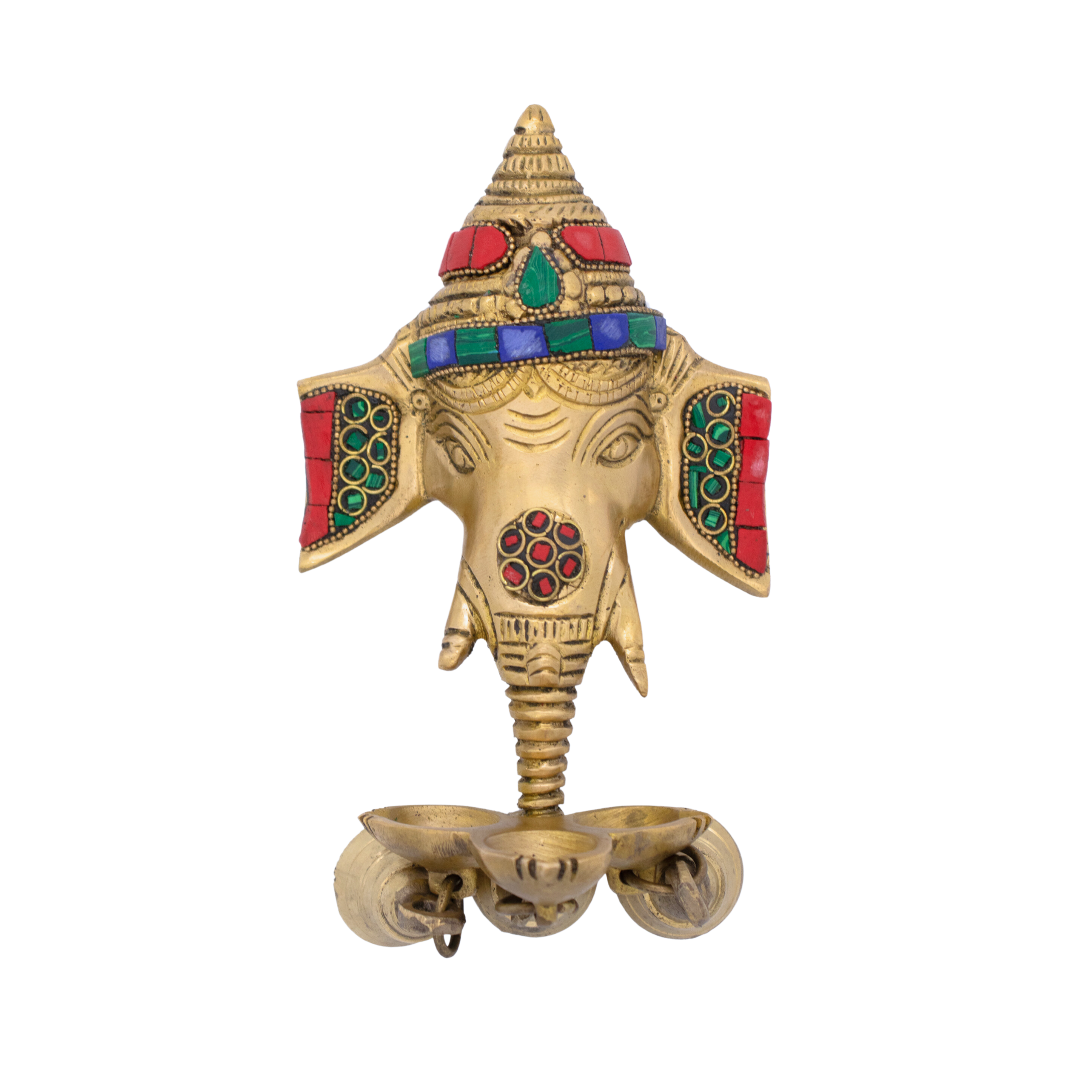 Estátua de Ganesha em Bronze Máscara Índia com Pedras Coloridas 21,5 cm