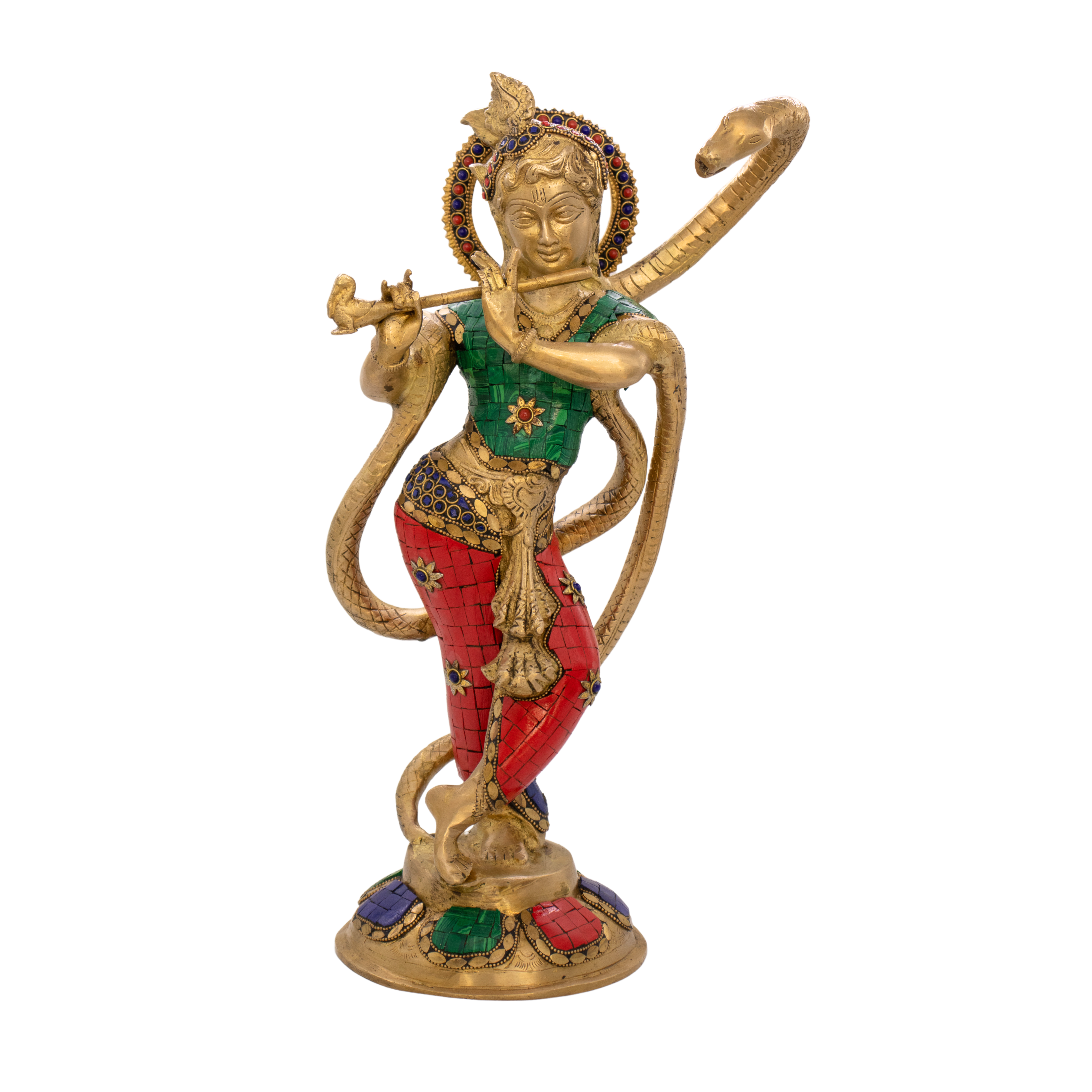 Estátua de Krishna com Ananta em Bronze Índia com Pedras Coloridas 38 cm