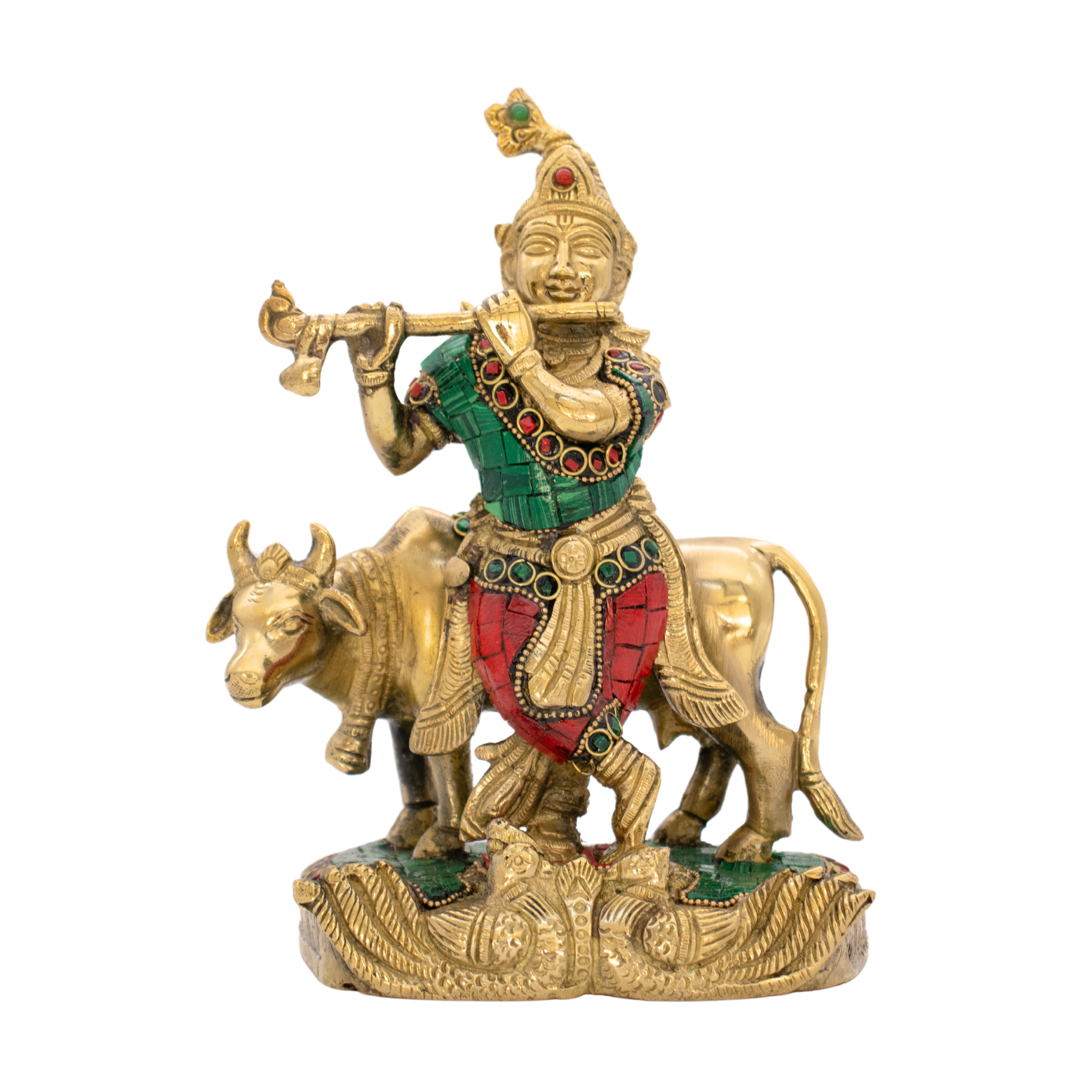 Estátua de Krishna Govinda em Bronze Índia com Pedras Coloridas 19 cm