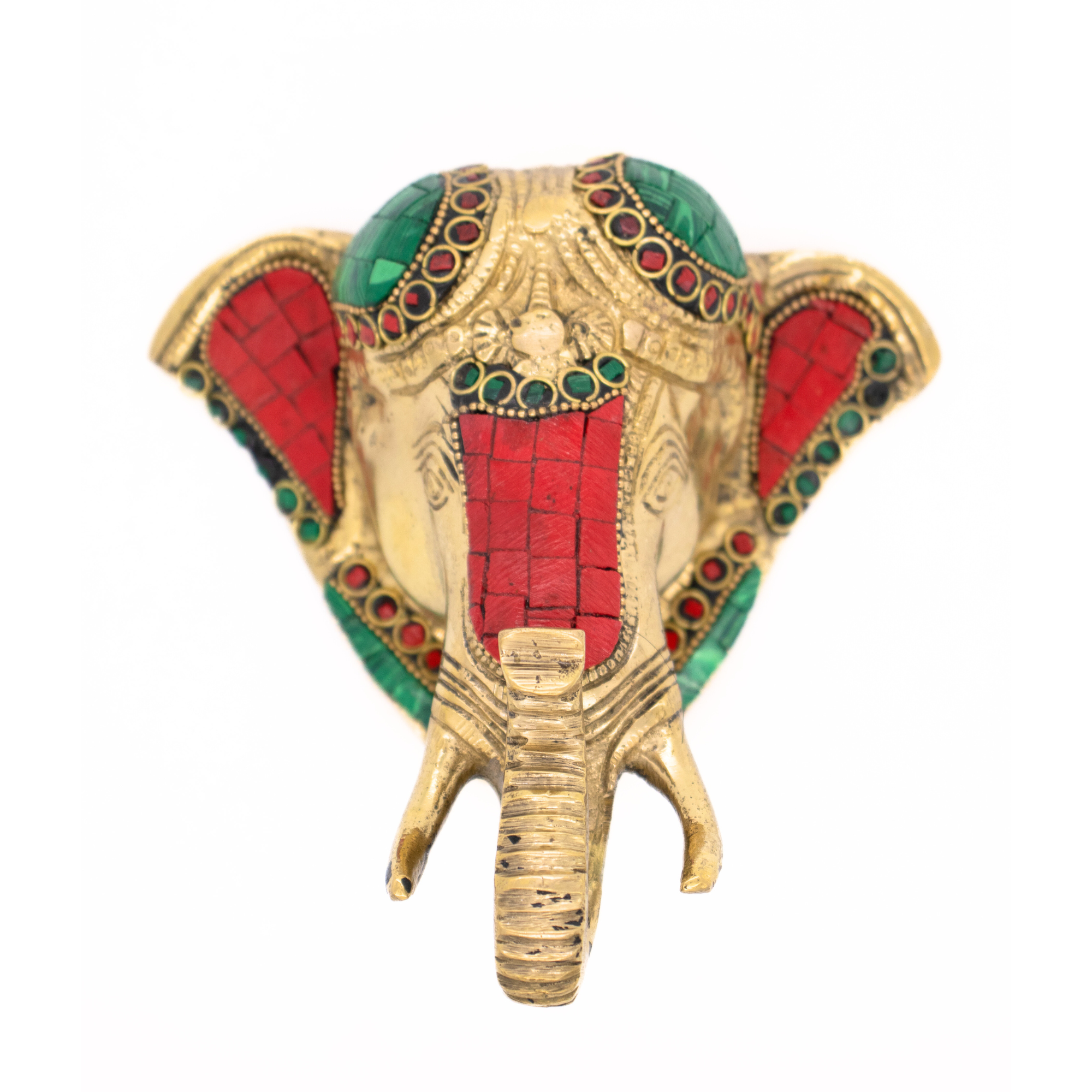 Estátua Máscara de Elefante em Bronze Índia com Pedras Coloridas 13,5 cm
