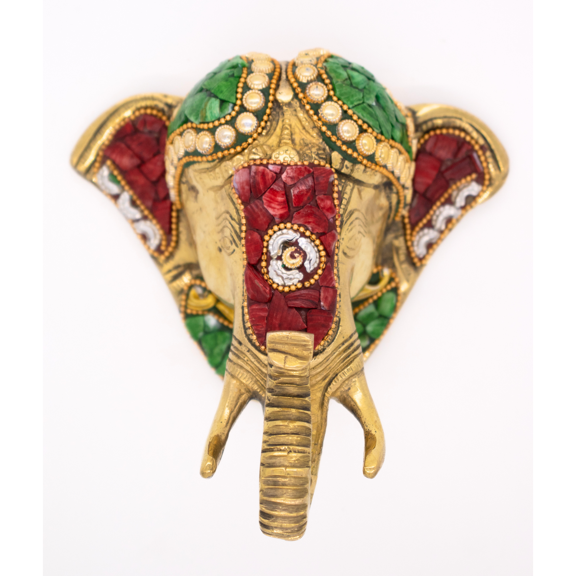 Estátua Máscara de Elefante em Bronze Índia com Pedras Coloridas e Pedra na Tromba 13,5 cm