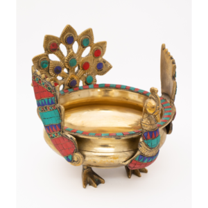 Tigela Decorativa com Pavão em Bronze Índia com Pedras Coloridas Urli  24 cm