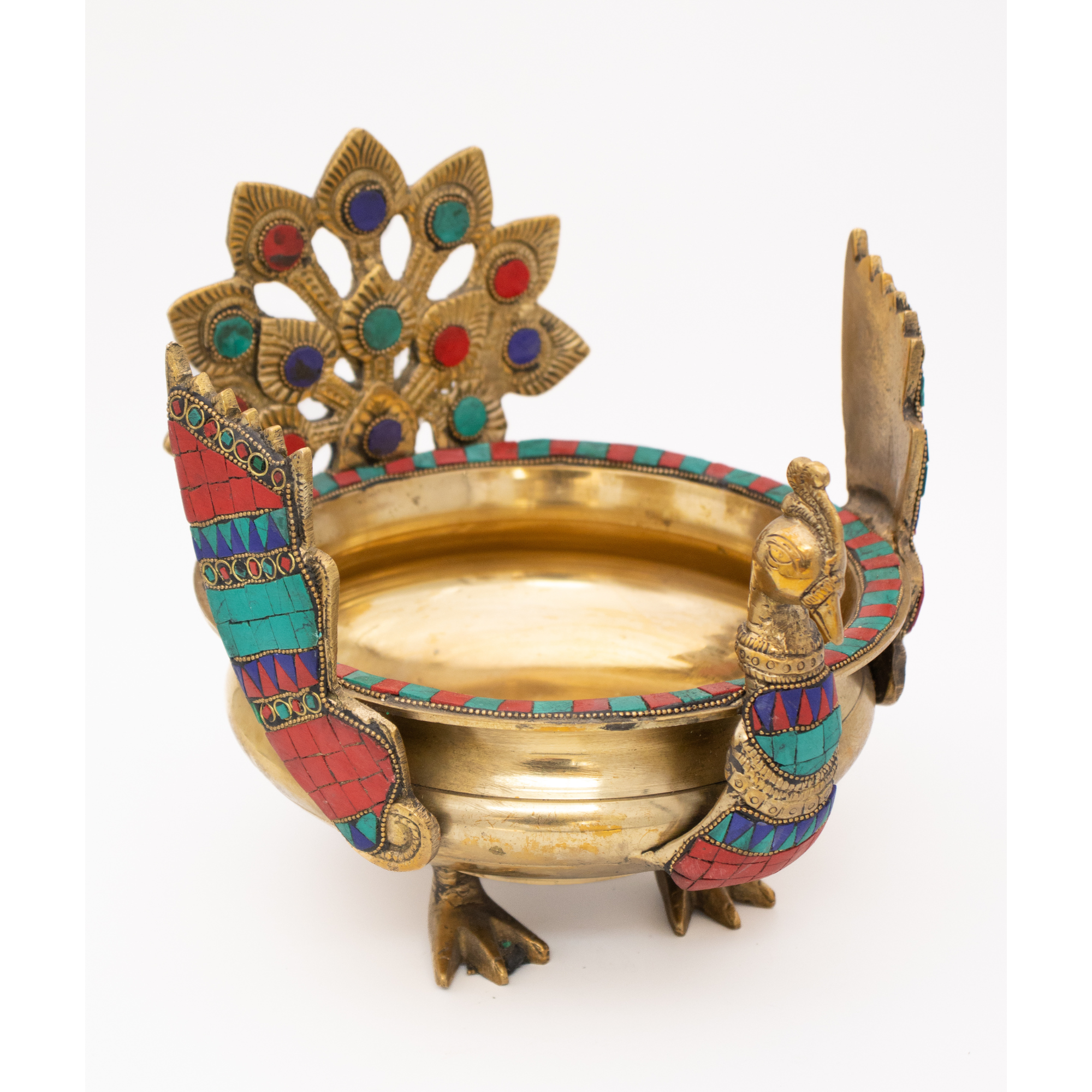 Tigela Decorativa com Pavão em Bronze Índia com Pedras Coloridas Urli  24 cm