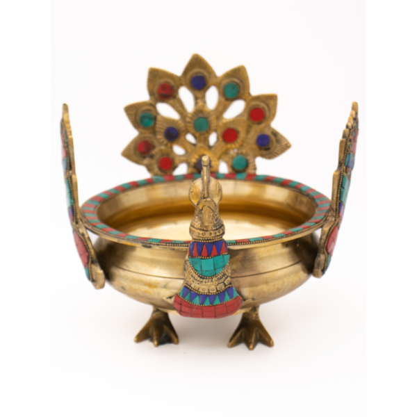Tigela Decorativa com Pavão em Bronze Índia com Pedras Coloridas Urli  24 cm - Imagem 2