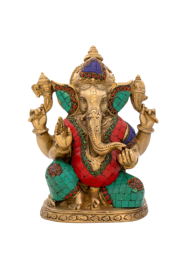 Estátua de Ganesha em Bronze Índia com Pedras Coloridas 22 cm - Imagem 2