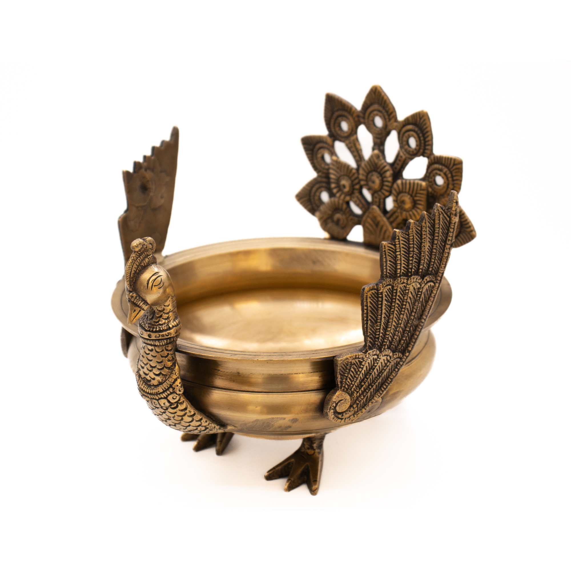 Tigela Decorativa com Pavão em Bronze Índia Urli  24 cm