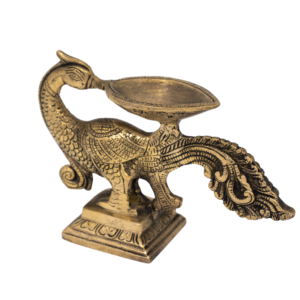 Lâmpada Diya em Bronze Índia com Pavão 17,5 cm