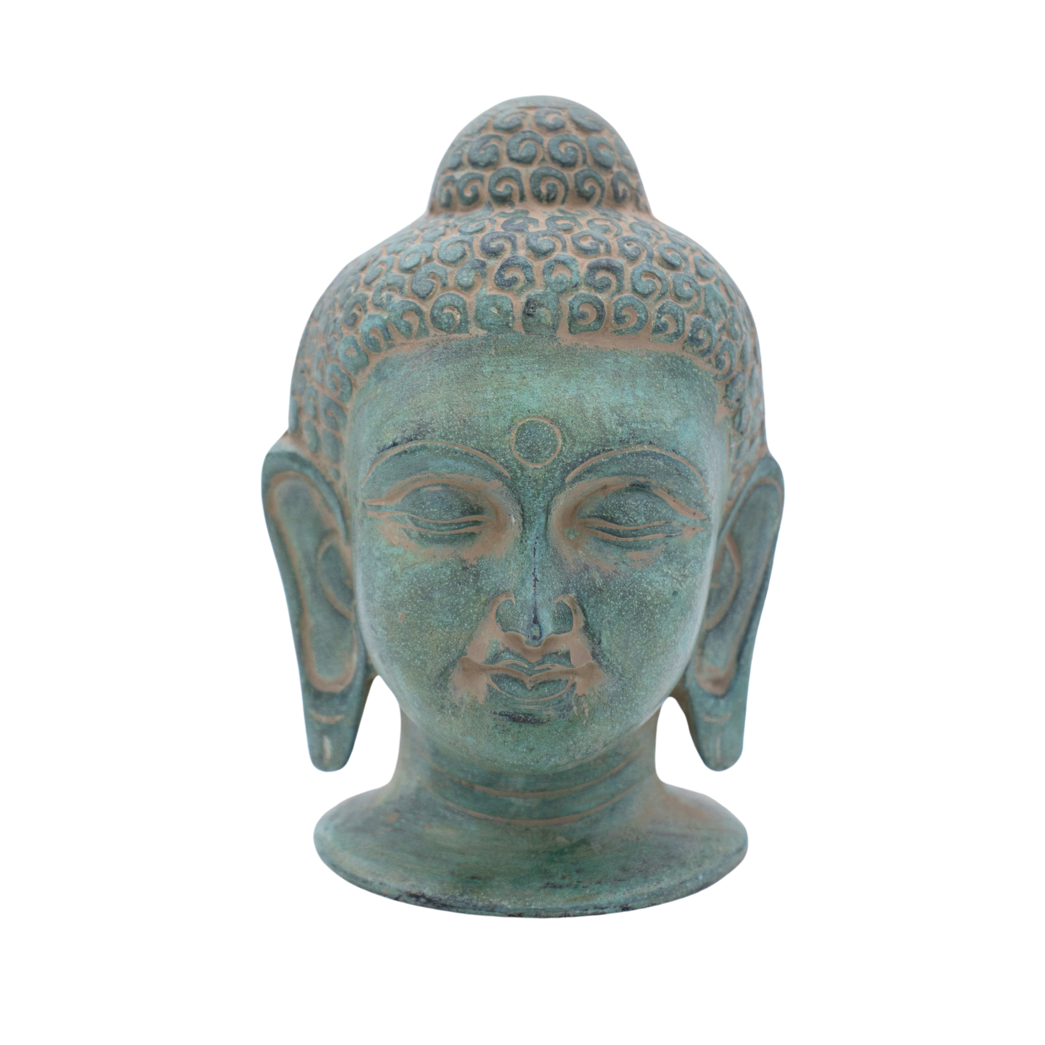 Cabeça de Buda em Bronze Índia Pátina Esverdeada 15,5 cm