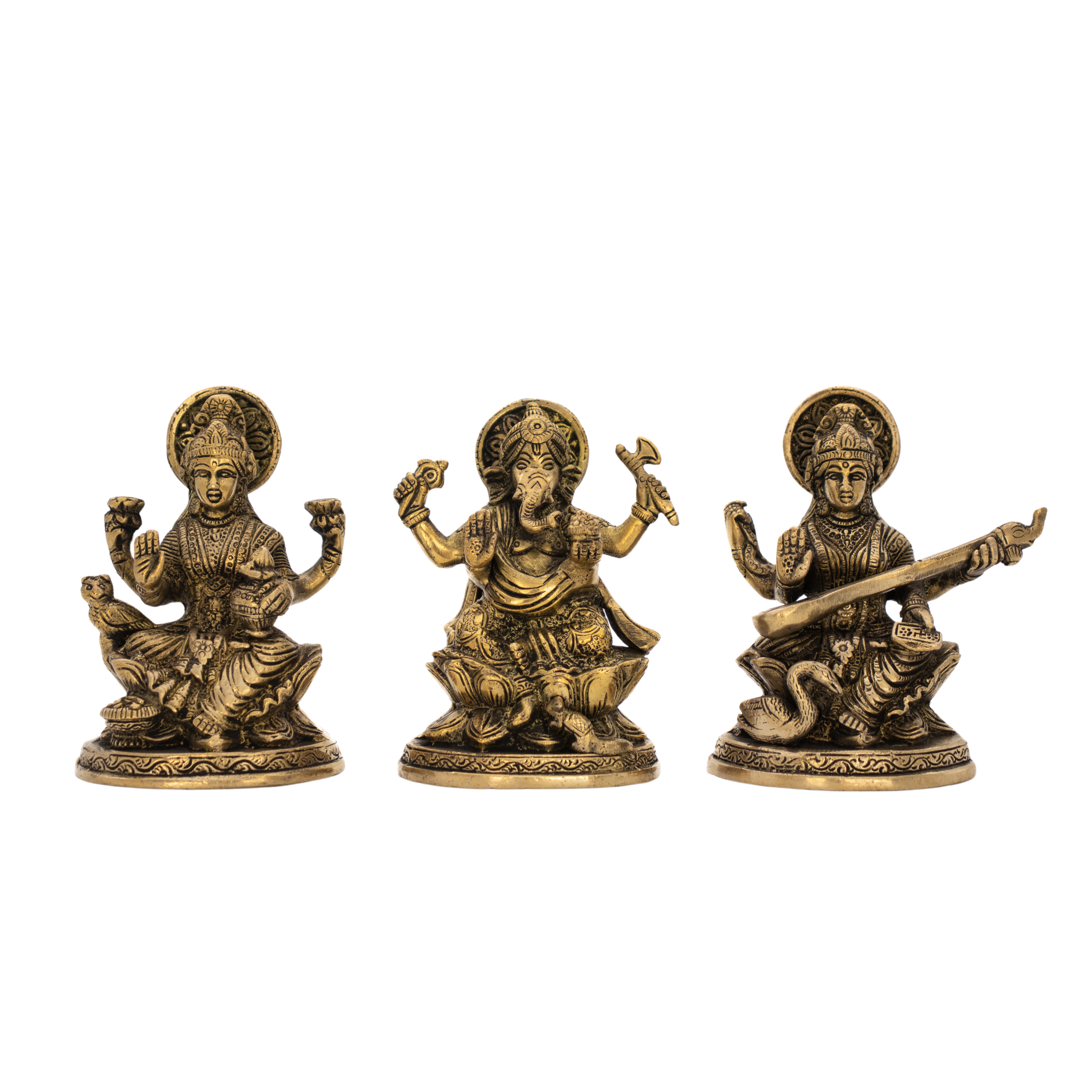 Estátuas de Ganesha, Lákshmi, Saraswati em Bronze Índia Conjunto 12,5 cm