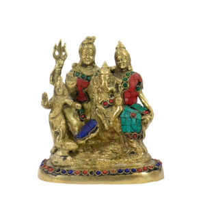 Shiva e Parvati com Ganesha e Kartikeya em Bronze com Pedras Coloridas 14 cm