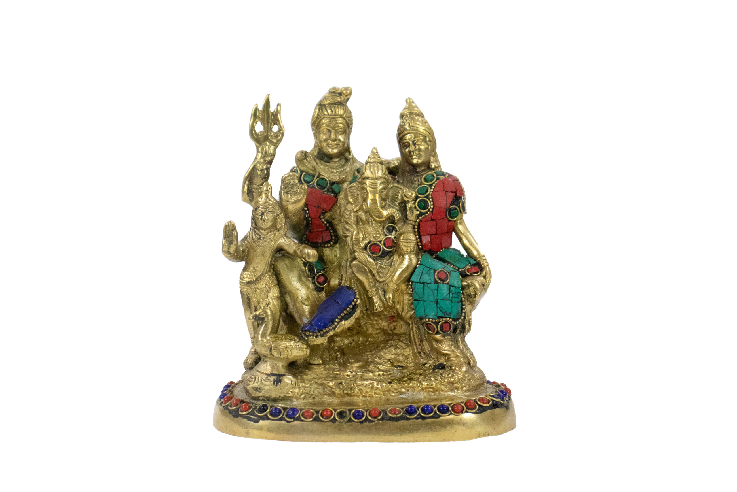 Shiva e Parvati com Ganesha e Kartikeya em Bronze com Pedras Coloridas 14 cm
